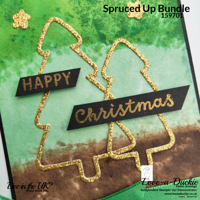 This card shows watercolour with blocks as well as glimmer paper die cuts using Stampin' Up's Spruced Up bundle.