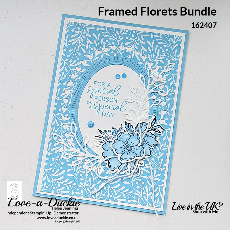 Monochrome card in blue using Stampin' Up's Framed Florets bundle and Balmy Blue.