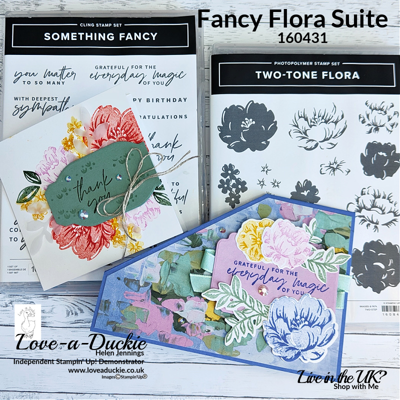 A corner fold pop up card and a thank you card featuring the Fancy Flora Suite from Stampin' Up!