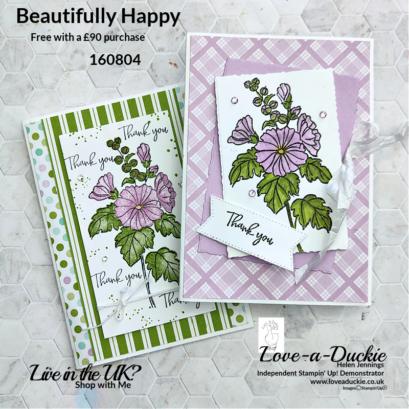 Floral Thank You cards combining images from the Beautifully Happy stamp set and the Dandy Designs patterned paper, both sale-a-Bration items from Stampin' Up!