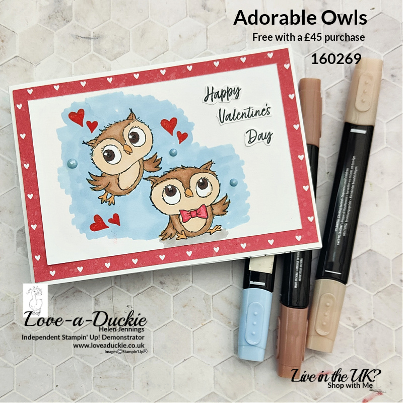 A Valentine's Card using the Adorable Owls stamp set from Stampin' Up! and coloured with Stampin' Blends
