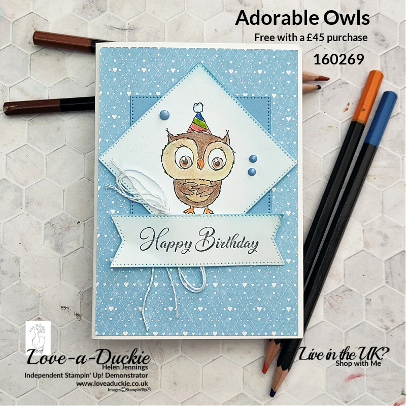A Cute Happy Birthday card  using Stampin' Up's Adorable owl set and coloured with watercolor pencils.
