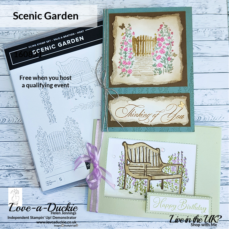 Two garden scene cards using Stampin' Up's Scenic garden stamp set and different colouring techniques