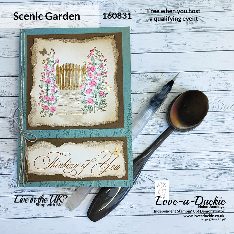 A water coloured card with some distressing techniques and using Stampin' Up's Scenic Garden stamp set.