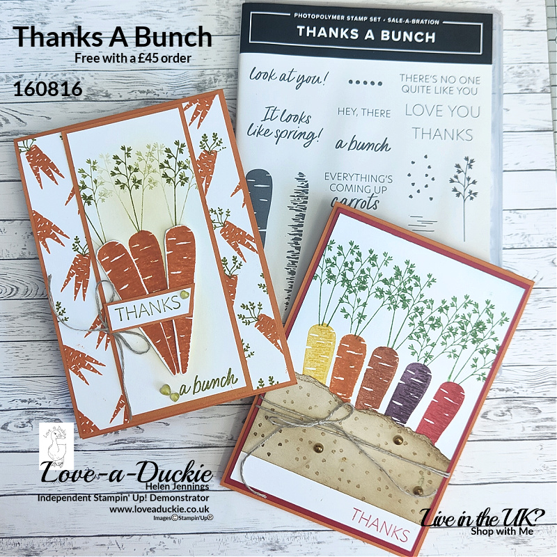 Two thank you cards, inspired by a dice challenge and using a Thanks a Bunch stamp set from Stampin' Up!
