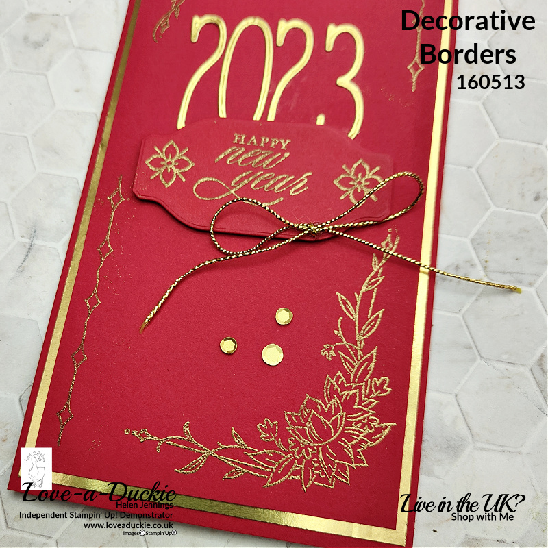 Heat embossed corners and borders on this New Year card using Decorative Borders stamp set from Stampin' Up!