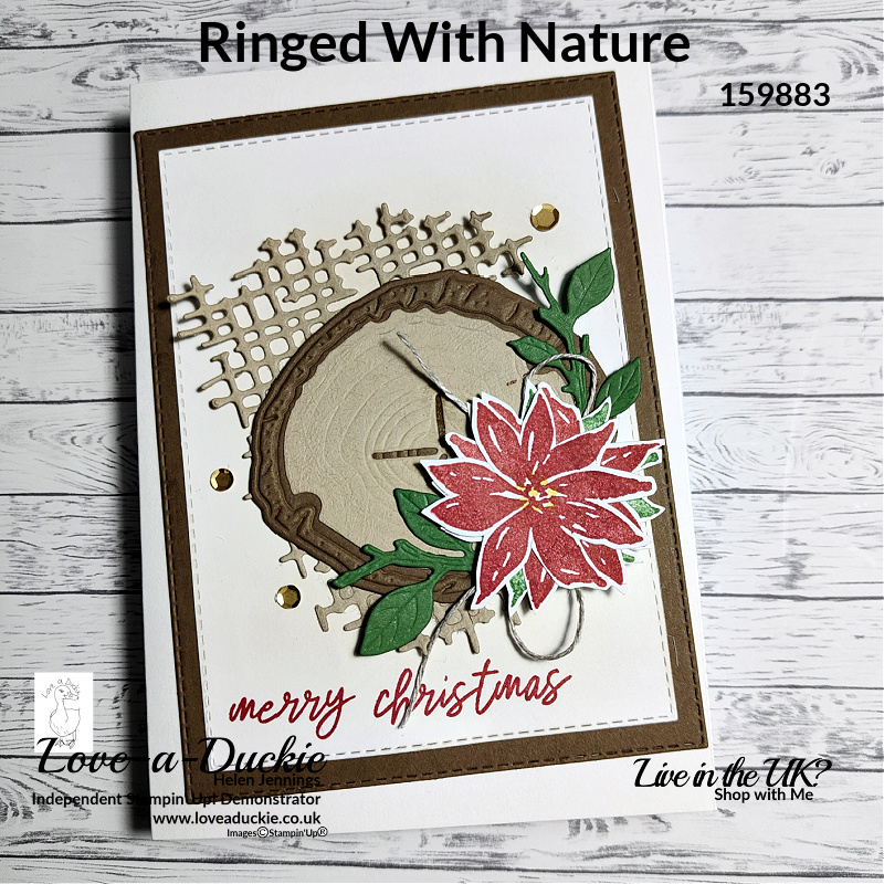 A Christmas card with layered up elements using the Ringed with Nature stamp set and Tree Rings dies and hybrid embossing folders.
