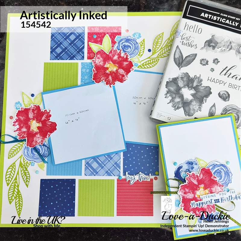 A bright floral scrapbook page and coordinating card using the Artistically inked stamp set and In Colors from Stampin' Up!