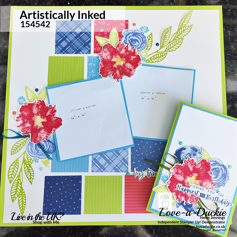 A card and scrapbook page both using the Artistically Inked stamp set and 2022-2024 In Colors from Stampin' Up!