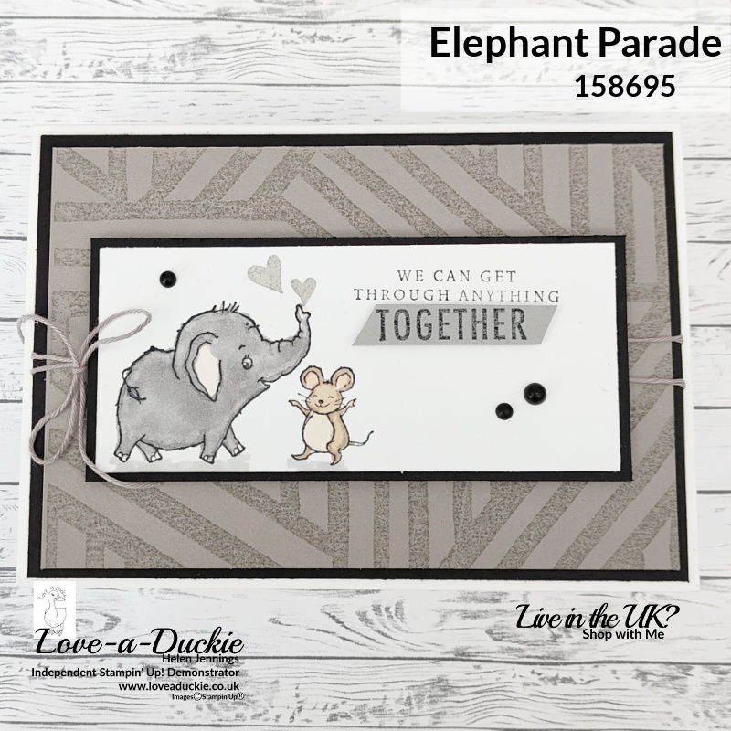 A supportive card using the Elephant Parade stamp set and the Layered Stripes stamp set.