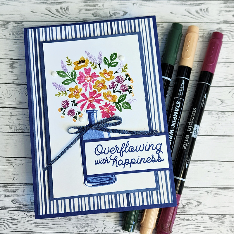 The flowers on this card were coloured using Stampin' Write markers and direct to stamp technique using the Bottled Happiness bundle.
