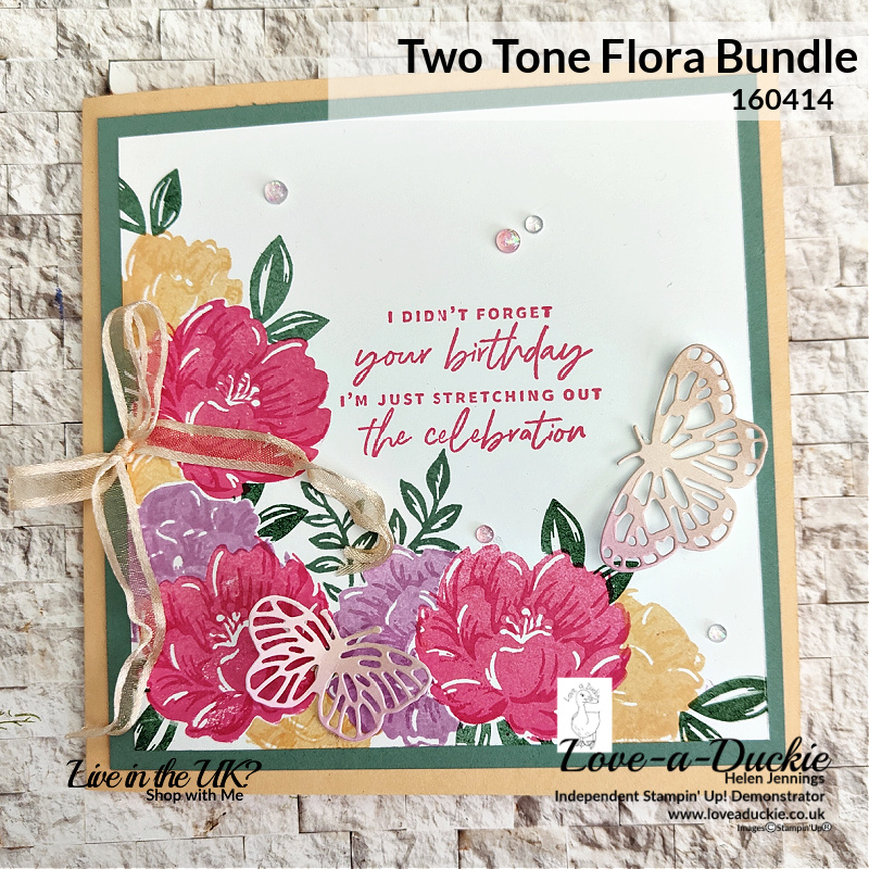 I have used the masking technique to create this belated birthday card with the Two Tone Flora bundle.