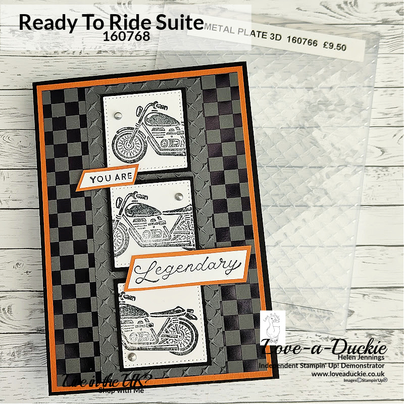 A card featuring a row of squares and the Legendary Ride stamp set from Stampin' Up!