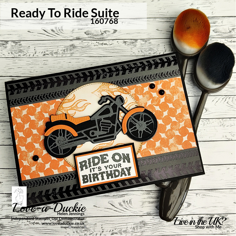 A combination of a die cut motorbike and Patterned Papers from the Ready to Ride Suite from Stampin' Up!