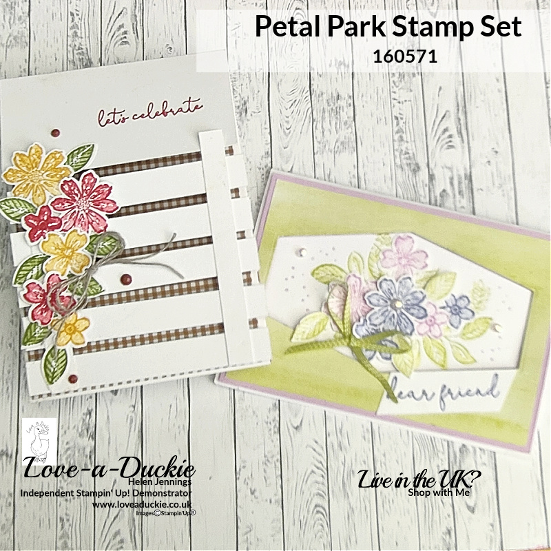 Two cards featuring arrangements of flowers made with the Petal Park stamps and punch from Stampin' Up!
