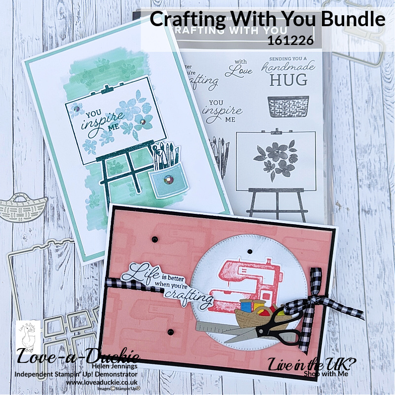 Two cards with a crafting theme featuring the Crafting With You bundle from Stampin' Up!