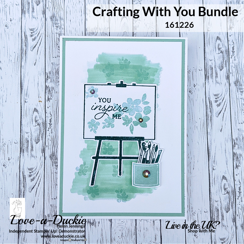 The Crafting with You bundle from Stampin' Up has been used to create this painting easel card with paintbrushes. 