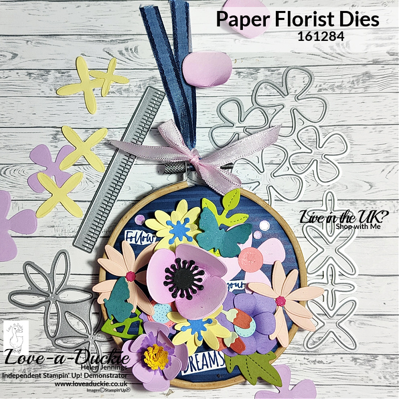 An embroidery hoop hanging created with the  Paper Florist dies from Stampin' Up!