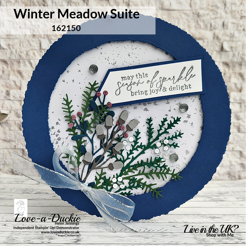 Stampin' Up's Winter Meadow Suite and Deckled Circles dies have been combined to create this circular card.