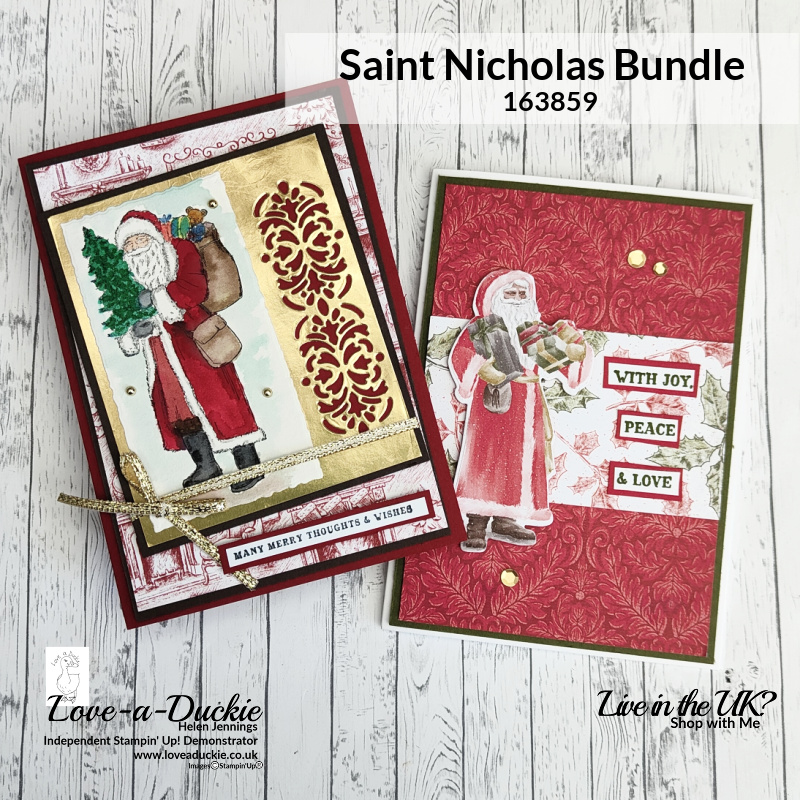 Two traditional Christmas cards using the St Nicholas bundle and coordinating papers from Stampin' Up!