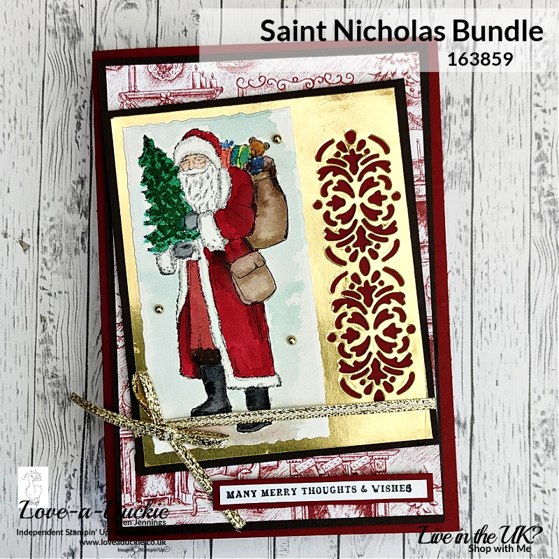 a traditional water-coloured Christmas card using the St Nicholas bundle and Traditions of St Nick papers from Stampin' Up!