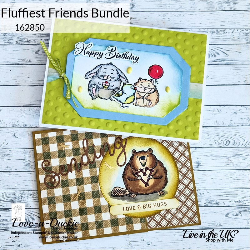 Two cards to celebrate birthday and love, both featuring cute animals from Stampin' Up's fluffiest friends bundle.