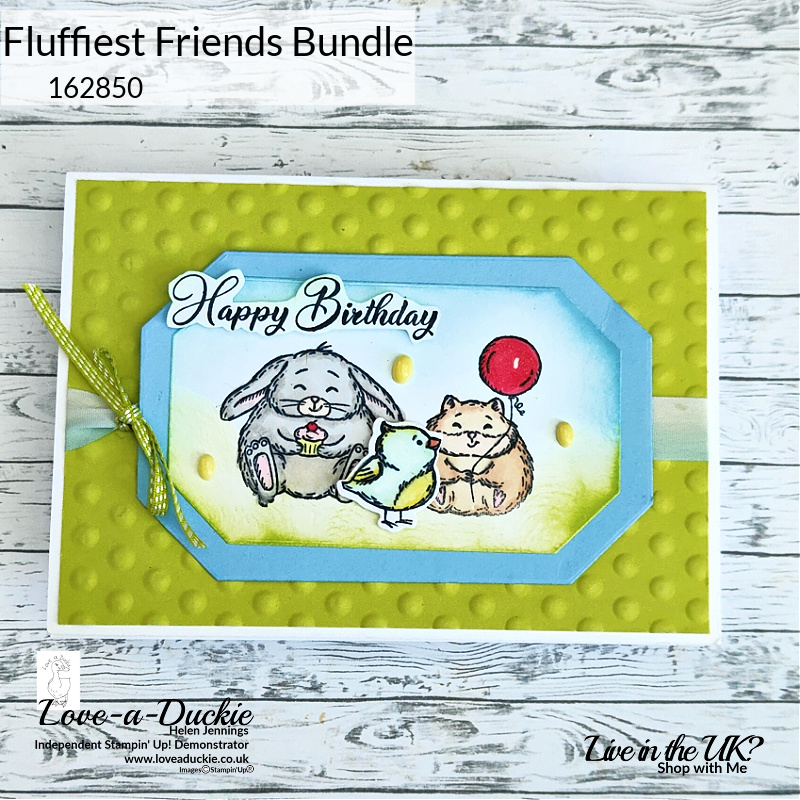 A little hamster, rabbit and bird from Stampin' Up's Fluffiest Friends stamp set on this cute birthday cards, coloured with Stampin' Blends and featuring the hobnail glass 3D embossing folder