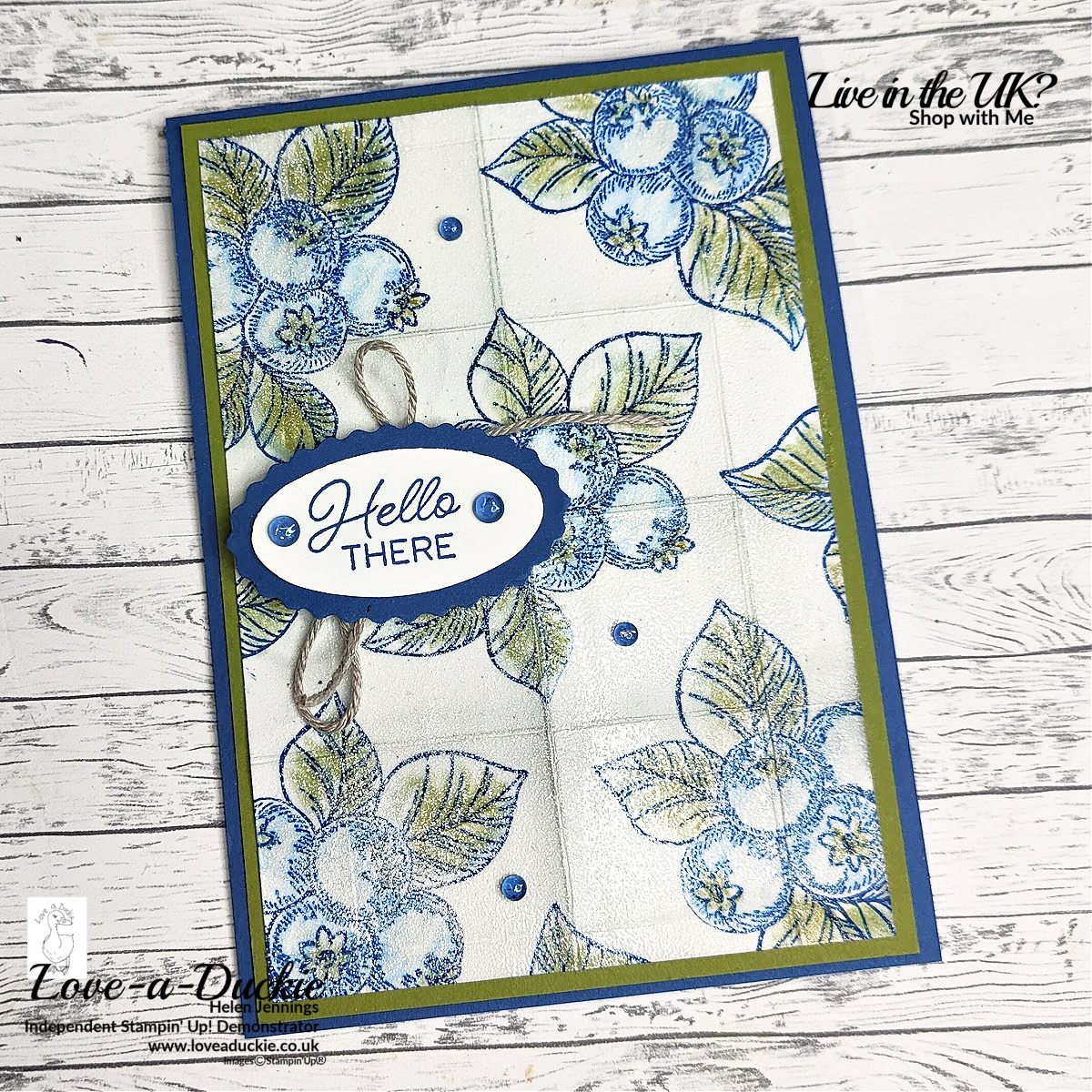A faux tile effect card using Blueberry Bunches stamp[ set from Stampin' Up!