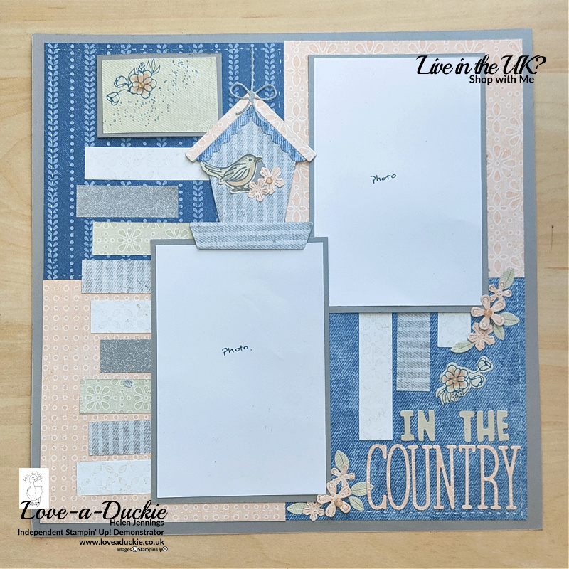 In The Country Scrapbook Page using Stampin' Up's Country Woods Suite featuring the Country Lace papers and Country Birdhouses bundle