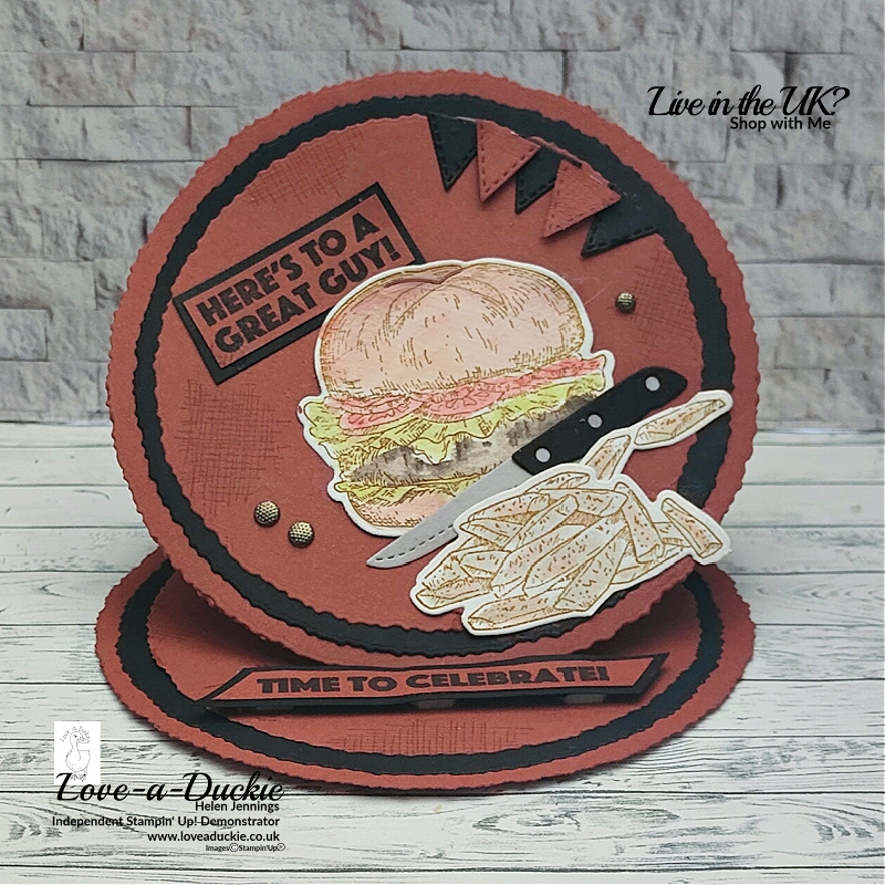 A masculine circular easel card using the Bistro Burger bundle from Stampin' Up!