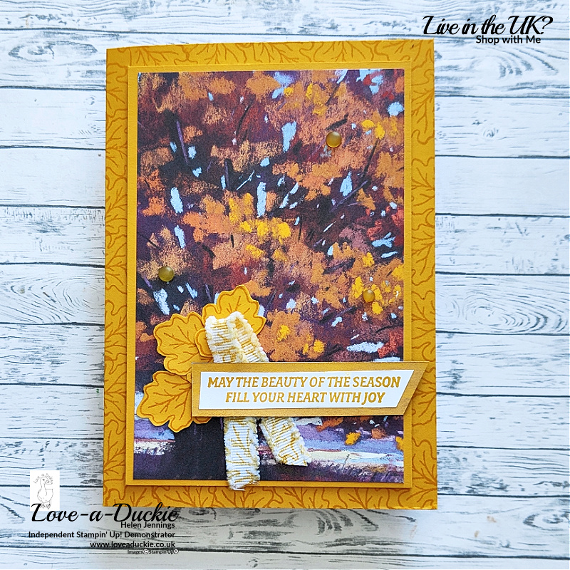 Autumn Leaves Card in Yellow using the Stampin' Up! colour Crushed Curry and Splendid Autumn patterned papers.