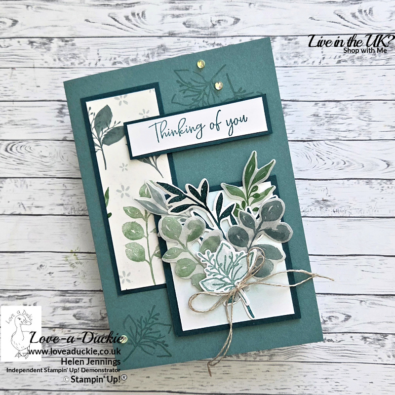 Handmade Thinking of You card with layered botanical greenery, overlapping panels and twine bow inspired by a card sketch challenge layout.