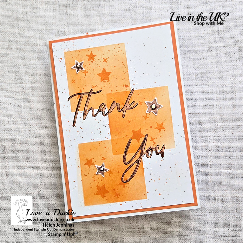 I thank you card featuring orange colour blocks created with a masking technique.